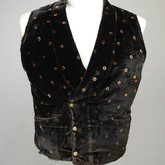 Man’s vest, black silk velvet woven with copper and navy dots, 1840-1860, front view