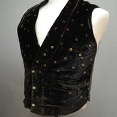 Man’s vest, black silk velvet woven with copper and navy dots, 1840-1860, front-side view