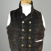 Man’s vest, dark brown silk velvet with a gold stripe, 1830-1839, front view