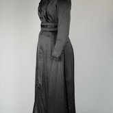 Dress, black ribbed double-faced satin trimmed with reverse side, 1910-1915, side view
