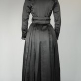 Dress, black ribbed double-faced satin trimmed with reverse side, 1910-1915, back view