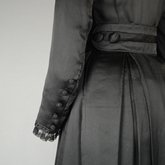 Dress, black ribbed double-faced satin trimmed with reverse side, 1910-1915, detail of sleeve and belt