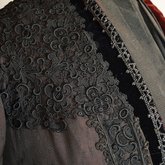Aesthetic or reform dress in wine red and black ribbed silk and wool, c. 1892, detail of lace