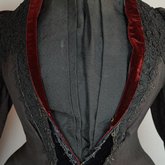 Aesthetic or reform dress in wine red and black ribbed silk and wool, c. 1892, view of alternative collar position