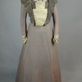 Dress, mauve and cream striped wool with gray velvet lapels, c. 1898, front view