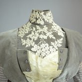 Dress, mauve and cream striped wool with gray velvet, c. 1898, detail of bodice