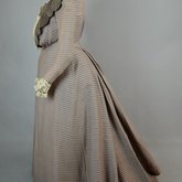 Dress, mauve and cream striped wool with gray velvet, c. 1898, side view