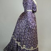 Dress, silk printed with purple, with black and white trim, c. 1904, side view