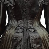 Mourning dress, striped black silk with black embroidered appliqués, c. 1900, detail of back