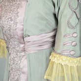 Aesthetic/Japonisme dress, Liberty & Co., gray silk crepe with embroidered mauve satin panels, 1906, detail of sleeve and front