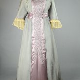 Aesthetic/Japonisme dress, Liberty & Co., gray silk crepe with embroidered mauve satin panels, 1906, front view