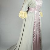 Aesthetic/Japonisme dress, Liberty & Co., gray silk crepe with embroidered mauve satin panels, 1906, quarter view