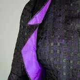 Dress, black silk open weave over purple silk taffeta, c. 1902, detail of lining