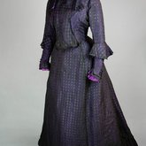 Dress, black silk open weave over purple silk taffeta, c. 1902, quarter view