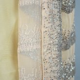 Sheath dress with vest, sleeveless, pale gold and tangerine chiffon with rows of bugle beads, c. 1923, detail of beading front and back