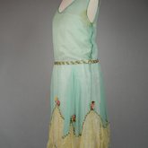 Sheath dress, sleeveless, aqua silk chiffon and lace with silk ribbon flowers, 1925, quarter view