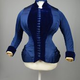 Bodice, blue silk faille with silk velvet panel and pleated peplum, 1890-1892, front view