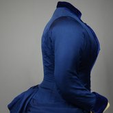 Bodice, blue silk faille with silk velvet panel and pleated peplum, 1890-1892, side view