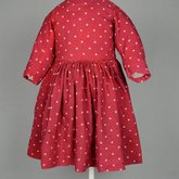 Boy’s dress, wool challis printed red, with white polka dots, c. 1897, front view