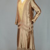 Dress, dark gold charmeuse with reverse of fabric as contrasting trim, 1920s, front view