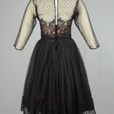 Cocktail dress, black point d’esprit with lace over black rayon lining, 1950s, back view