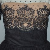 Cocktail dress, black point d’esprit with lace over black rayon lining, 1950s, detail of bodice