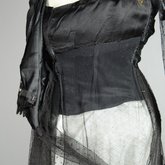 Dress, black silk satin and point d’esprit bobbinet with organdy and cord appliqué, c. 1915-1918, detail of center opening in lining, with high plain bobbinet and point d’esprit attachments