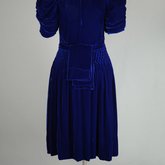 Dress, blue velvet with smocked waist and shoulders, 1938, back view