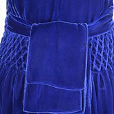 Dress, blue velvet with smocked waist and shoulders, 1938, detail of bow