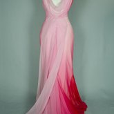 Evening gown, floor-length red and pink ombre chiffon with a train, 1930s, back view with open train