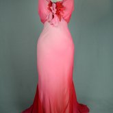 Evening gown, floor-length red and pink ombre chiffon with a train, 1930s, front view