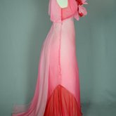 Evening gown, floor-length red and pink ombre chiffon with a train, 1930s, side view