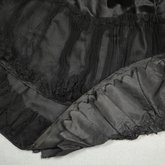 Evening gown, Marie Lamy of Paris, black silk satin with a black-sequined overlay and short puffed sleeves, 1890s, detail of train ruffles on lining and skirt