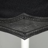 Jacket, black wool with large scalloped revers, pouched front, and topstitched silk trim, c. 1902, detail of hem