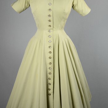 Shirtdress, Anne Fogarty pale green faille, 1954, front view