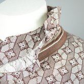 Housedress, cotton printed with a brown geometric pattern, separate underskirt, c. 1875, detail of collar
