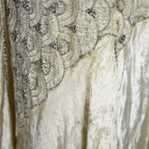 Evening dress, cream panne velvet with rhinestones and embroidery, 1929, side floating panel join, detail of exterior
