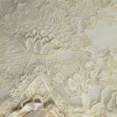Dress, House of Rouff, cream wool with lace-draped bodice and sleeves, trimmed with cording, ribbon fronds, and roses, c. 1905, detail of bodice tambour lace