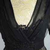 Dress, House of Worth, black silk chiffon and cream silk satin with cream lace, 1910-1915, detail of bodice