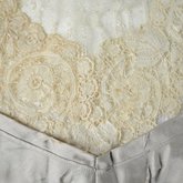Wedding dress, pale green silk crepe with silver satin, pont d’esprit, and lace, with matching gray shoes with steel-cut beads, 1907, detail of lace