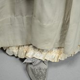 Wedding dress, pale green silk crepe with silver satin, pont d’esprit, and lace, with matching gray shoes with steel-cut beads, 1907, with matching shoes