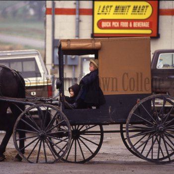 Amish children in brown top buggy