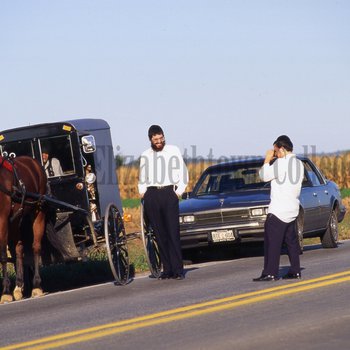 Orthodox Jewish tourists visit with Amish man