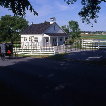 Amish schoolhouse along road