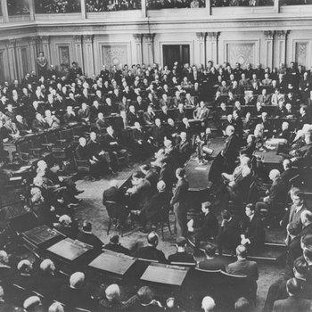 Winston Churchill, Prime Minister of Great Britain, addresses a joint session of Congress in the Senate Chamber on December 26, 1941