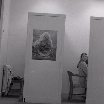 A woman looks out from a library study carrel next to one with a shark poster.