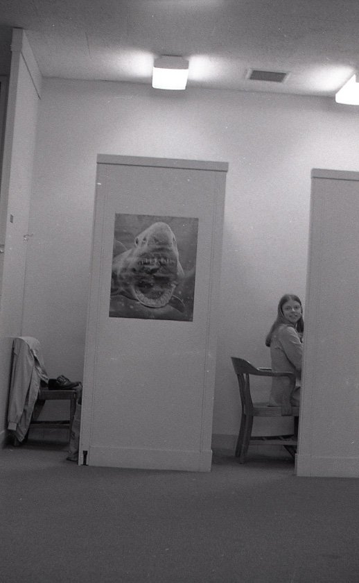 A woman looks out from a library study carrel next to one with a shark poster.