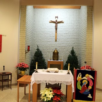 Altar, Pelletier Hall Chapel, View from Center Aisle