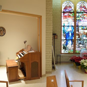 Chapel, Pelletier Hall, View of Left Side and Stained Glass