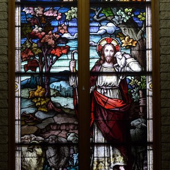 Good Shepherd Window: Full View in Dark Chapel